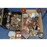 A BOX AND A TIN OF COLLECTABLES, METALWARES, ETC, including an Edwardian walnut cased perpetual