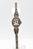 A SILVER AND MARCASITE EFFEE LADIES COCKTAIL WRISTWATCH, worn dial with black and baton markers,