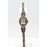 A SILVER AND MARCASITE EFFEE LADIES COCKTAIL WRISTWATCH, worn dial with black and baton markers,