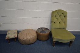 A VICTORIAN GREEN UPHOLSTERED BUTTON BACK BEDROOM CHAIR, on walnut legs, the back splayed, front
