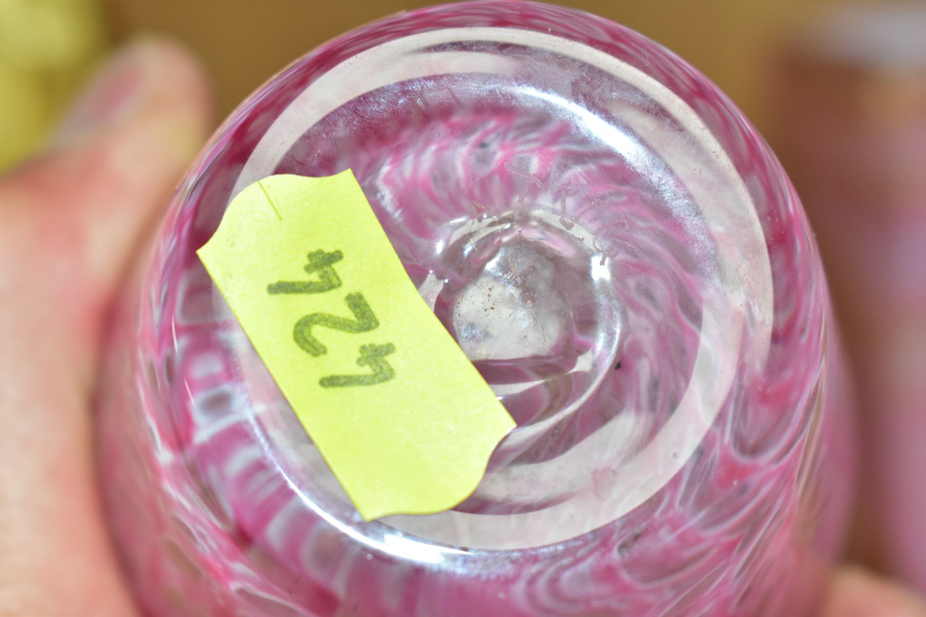 AN ALISTAIR MALCOLM STUDIO GLASS FOOTED BOWL AND THREE OTHER PIECES OF PINK RED GLASSWARE, the - Image 9 of 10