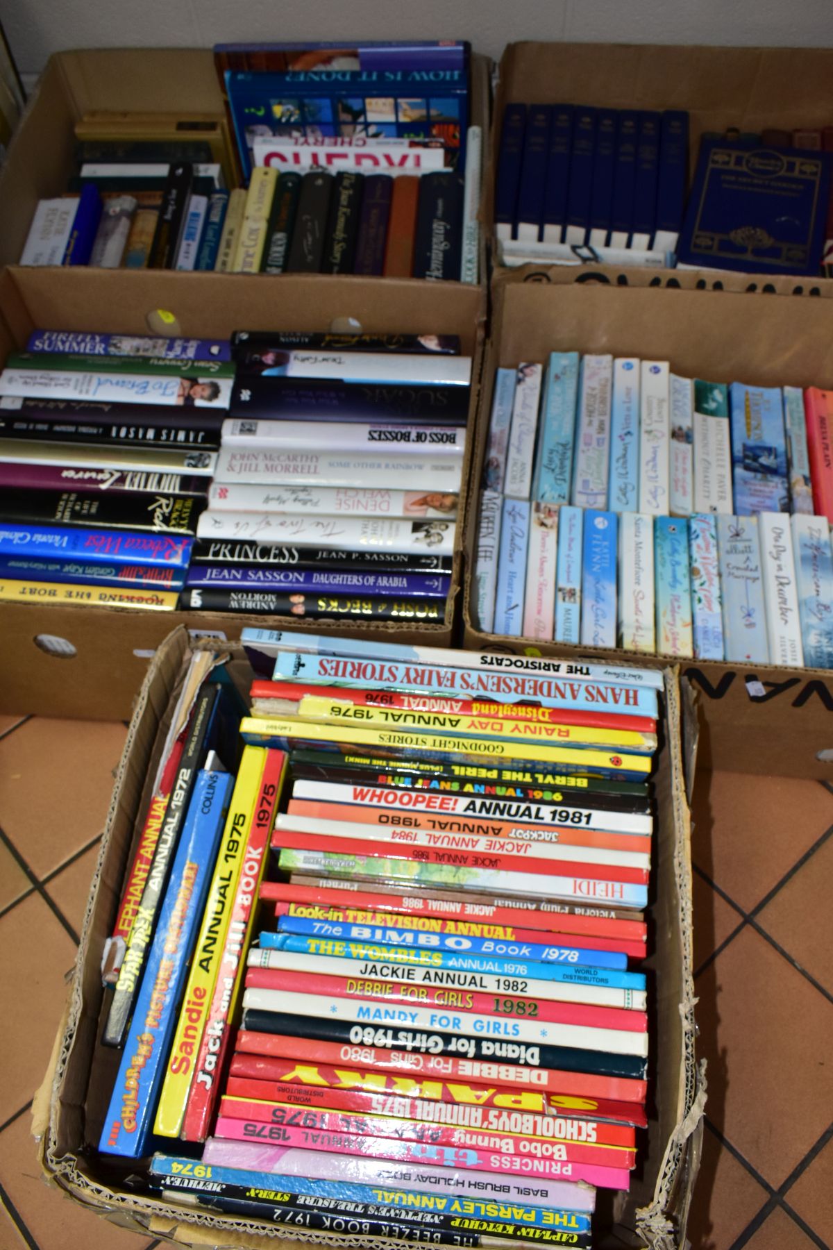 FIVE BOXES OF BOOKS, to include children's annuals (Star Trek 1972, Whoopee 1981, Jackie 1980, 84 to