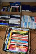 FIVE BOXES OF BOOKS, to include children's annuals (Star Trek 1972, Whoopee 1981, Jackie 1980, 84 to