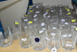 A QUANTITY OF GLASS TUMBLERS AND A SET OF SIX HI-BALL DRINKING GLASSES, the tumblers include Tutbury