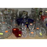A QUANTITY OF CUT GLASS, ETC, to include decanters, vases, water jugs, fruit bowls, drinking