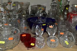 A QUANTITY OF CUT GLASS, ETC, to include decanters, vases, water jugs, fruit bowls, drinking