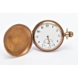 A GOLD-PLATED FULL HUNTER LIMIT POCKET WATCH, white dial with Arabic numerals, subsidiary dial at