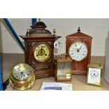 FIVE ASSORTED CLOCKS, comprising two quartz carriage clocks (Westclox and H. Samuel), a late 19th