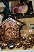 A VDS BLACK FOREST CUCKOO CLOCK AND TWO BOXES OF TRADE AND CIGARETTE CARDS, HIP FLASKS, etc, the