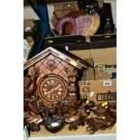 A VDS BLACK FOREST CUCKOO CLOCK AND TWO BOXES OF TRADE AND CIGARETTE CARDS, HIP FLASKS, etc, the
