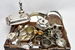 A BOX OF MAINLY SILVER PLATED WARE, to include an entrée dish, a goblet, two plate stands and