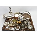 A BOX OF MAINLY SILVER PLATED WARE, to include an entrée dish, a goblet, two plate stands and