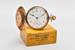 A 1920'S 9CT GOLD FULL HUNTER WALTHAM POCKET WATCH, the white face with black Arabic numerals and