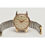 A 9CT GOLD CASED MAJEX HAND-WOUND WRISTWATCH, slightly deteriorating cream dial with gold baton