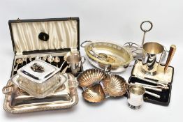 A BOX OF MAINLY SILVER PLATED WARE, to include a lidded entrée dish, an oval dish with glass