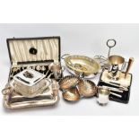 A BOX OF MAINLY SILVER PLATED WARE, to include a lidded entrée dish, an oval dish with glass