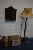 A QUANTITY OF OCCASSIONAL FURNITURE to include a mahogany two door wall shelf, oak barley twist