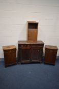A DISTRESSED REGENCY MAHOGANY SIDEBOARD, later oak top, two drawers above double panelled doors,