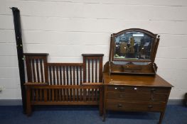 AN EARLY 20TH CENTURY OAK DRESSING CHEST, swing mirror above a single central drawer, the base