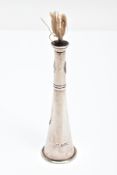 A SILVER TABLE LIGHTER IN THE SHAPE OF A HUNTING HORN, 11.5cms (rubbed hallmarks but looks to be