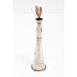 A SILVER TABLE LIGHTER IN THE SHAPE OF A HUNTING HORN, 11.5cms (rubbed hallmarks but looks to be
