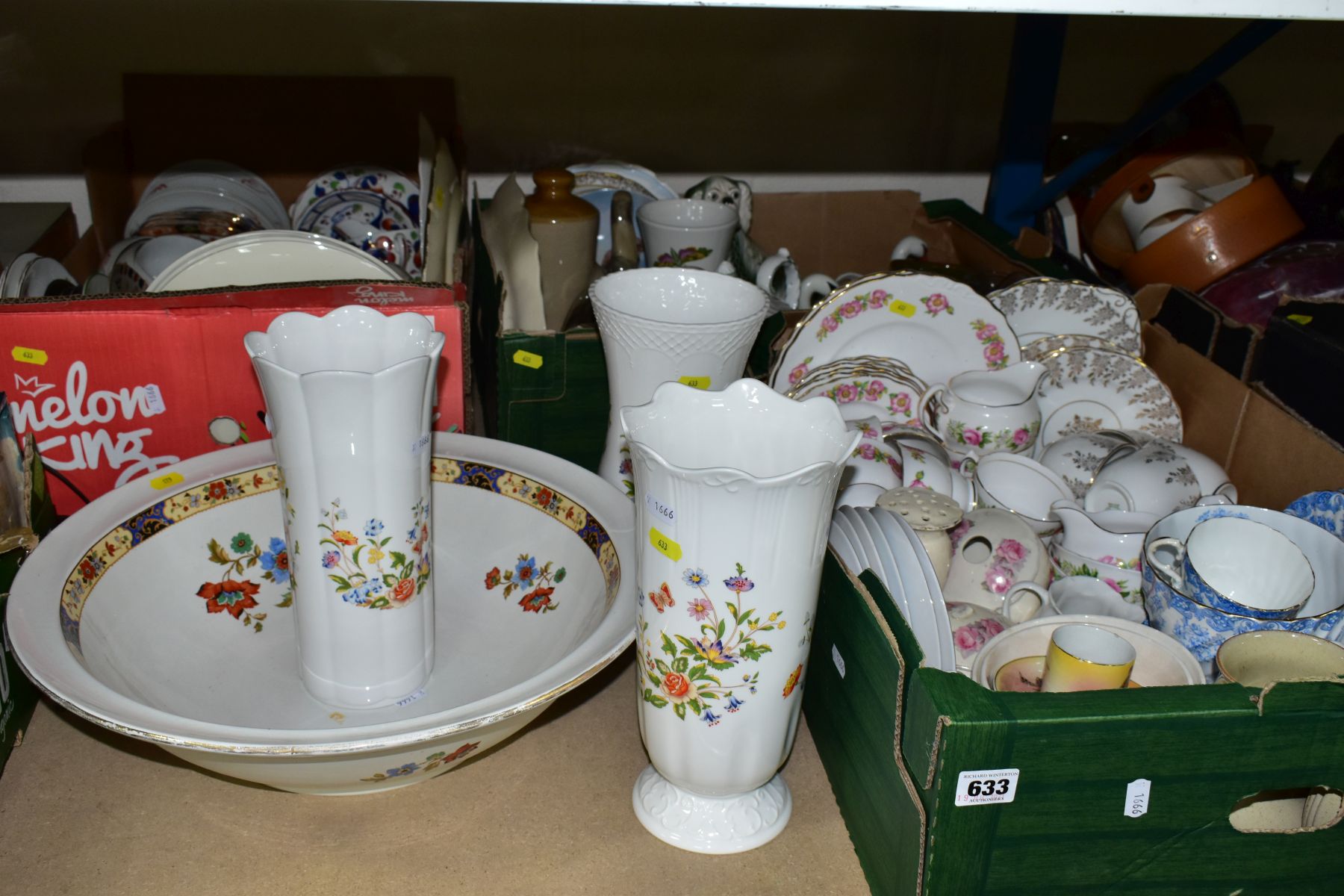 THREE BOXES AND LOOSE CERAMICS, to include Aynsley 'Forget Me Not' teapot, 12154 pattern tea