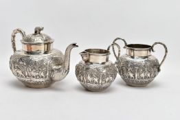 A THREE PIECE CONTINENTAL TEA SERVICE, comprising a teapot, milk jug and sugar bowl, all with