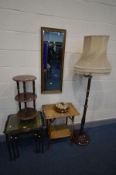 A MAHOGANY NEST OF THREE TABLES, along with an early 20th century beech standard lamp with a