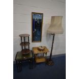 A MAHOGANY NEST OF THREE TABLES, along with an early 20th century beech standard lamp with a