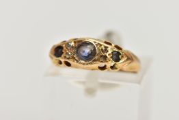 AN 18CT GOLD BOAT RING, set with sapphire and diamonds, ring size I, approximate weight 2.2 grams