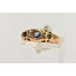 AN 18CT GOLD BOAT RING, set with sapphire and diamonds, ring size I, approximate weight 2.2 grams