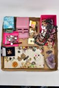 A BOX OF MAINLY COSTUME JEWELLERY, to include two amethyst collection of crystals, various beaded