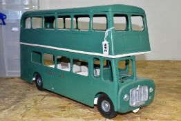 A TRI-ANG PRESSED STEEL A.E.C. ROUTEMASTER DOUBLE DECKER BUS, has been repainted green and white