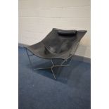 DAVID WEEKS FOR HABITAT, a Semana bucket chair, black leather seat attached to a brushed steel