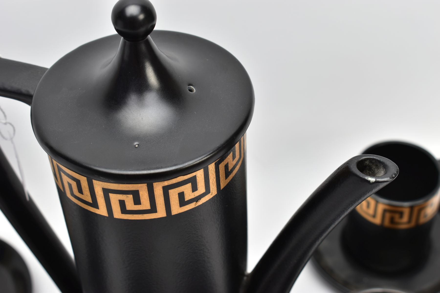 A PORTMEIRION COFFEE SET by Susan Williams-Ellis with gilt Greek key border decoration, on a black - Image 4 of 7