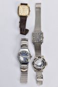 FOUR GENTS WRISTWATCHES, to include a hand wound watch, square brushed black dial signed 'Sekonda'