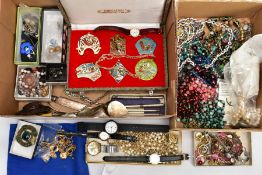 TWO BOXES OF MAINLY COSTUME JEWELLERY, to include bead necklaces, a cased set of six enamelled