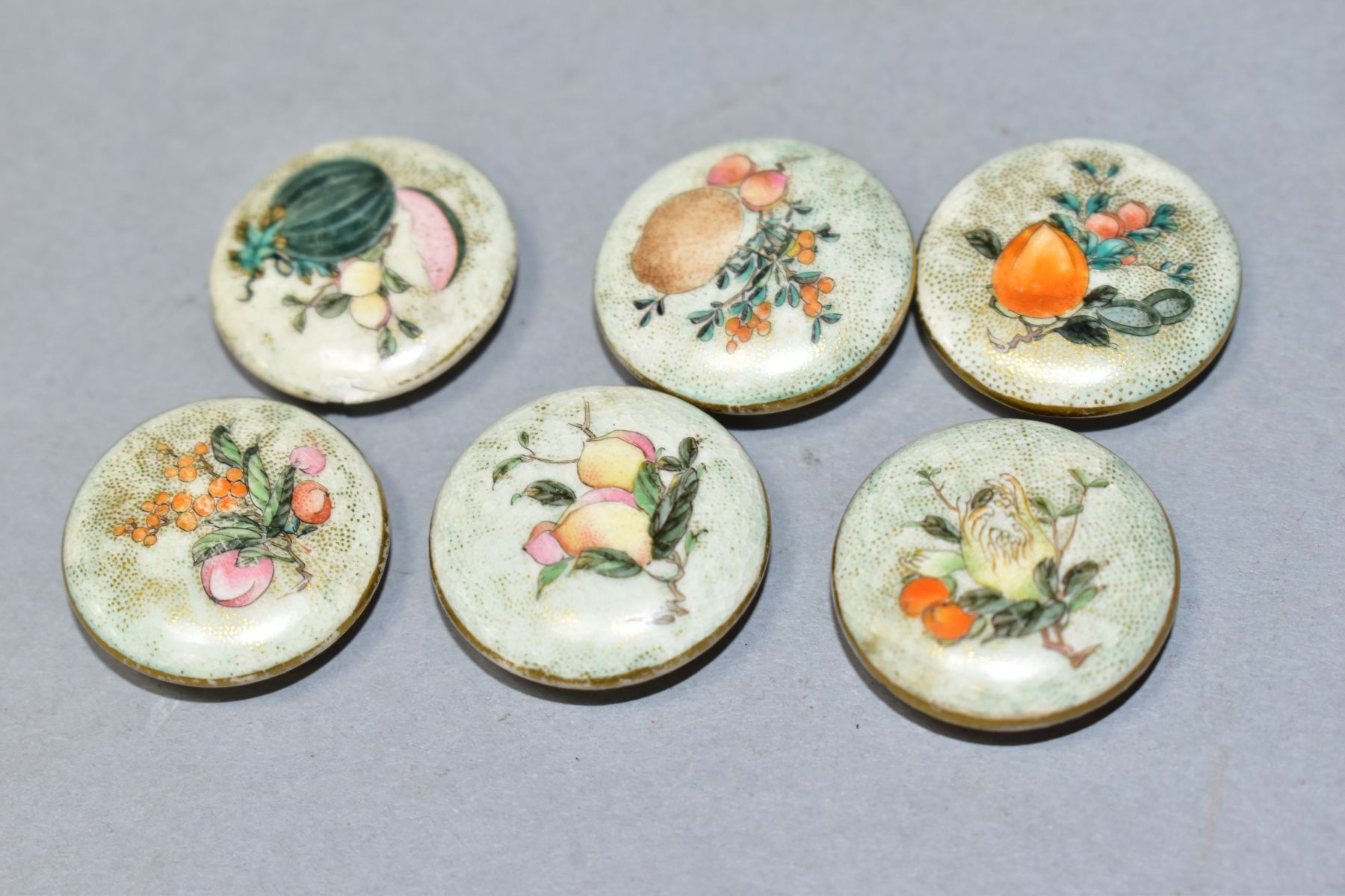 A SET OF SIX LATE 19TH/EARLY 20TH CENTURY JAPANESE SATSUMA POTTERY BUTTONS, painted with fruits - Image 3 of 4
