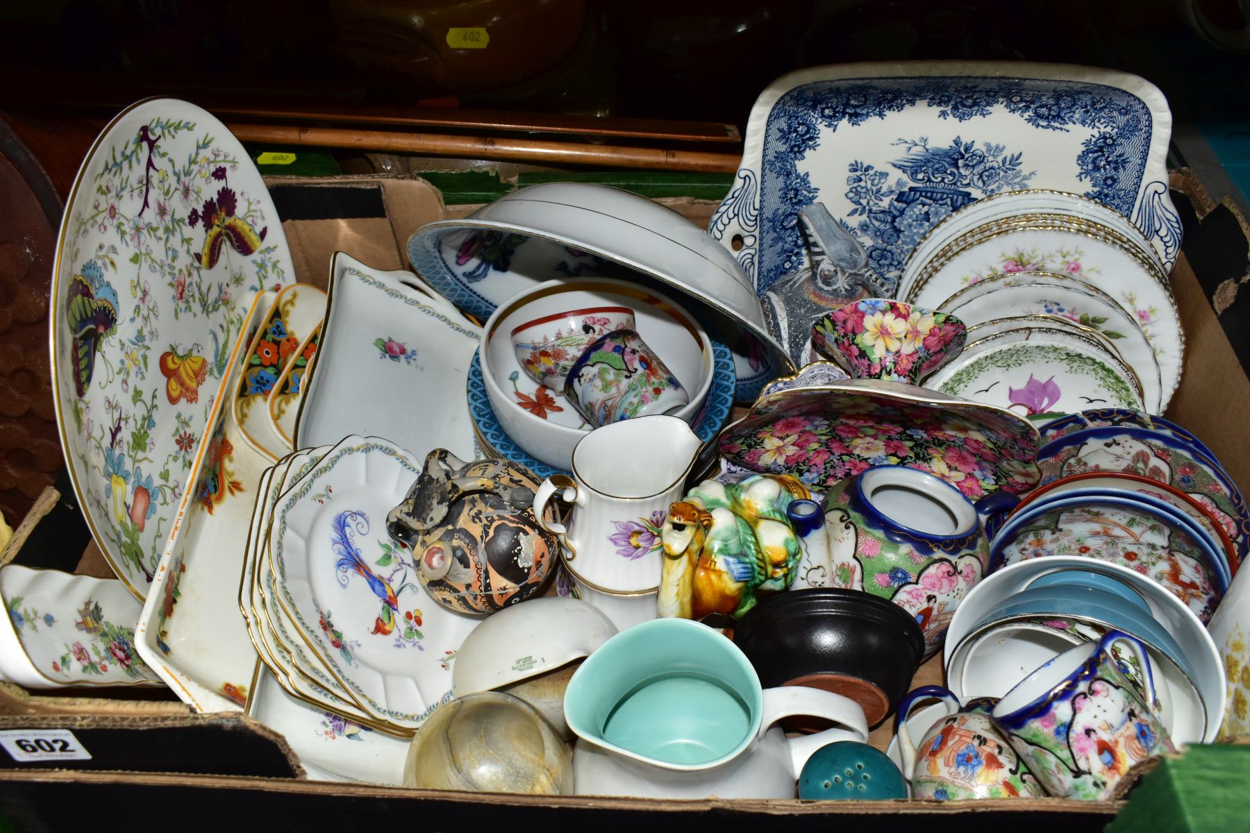 FOUR BOXES AND LOOSE CERAMICS, GLASS AND COLLECTABLES, etc, including a George VI wooden measuring - Image 2 of 9