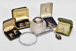 A BOX OF MISCELLANEOUS ITEMS, to include a trowel shaped sliver bookmark, a spherical glass