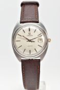 AN OMEGA QUARTZ WRISTWATCH, silvered dial with baton markers, date window at three o'clock,