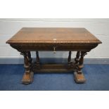 A 19TH CENTURY CARVED OAK CENTRE TABLE, rectangular top above a tapered frieze containing a long