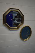 A MODERN OCTAGONAL BEVELLED EDGE WALL MIRROR, and another mirror (2)