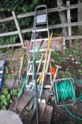 AN ALUMINIUM STEP LADDER, height 202cm and a selection of garden tools including a Stainless Steel