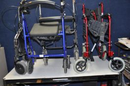 A FOLDING WHEELCHAIR AND THREE DISABILITY WALKERS (4)