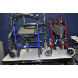 A FOLDING WHEELCHAIR AND THREE DISABILITY WALKERS (4)