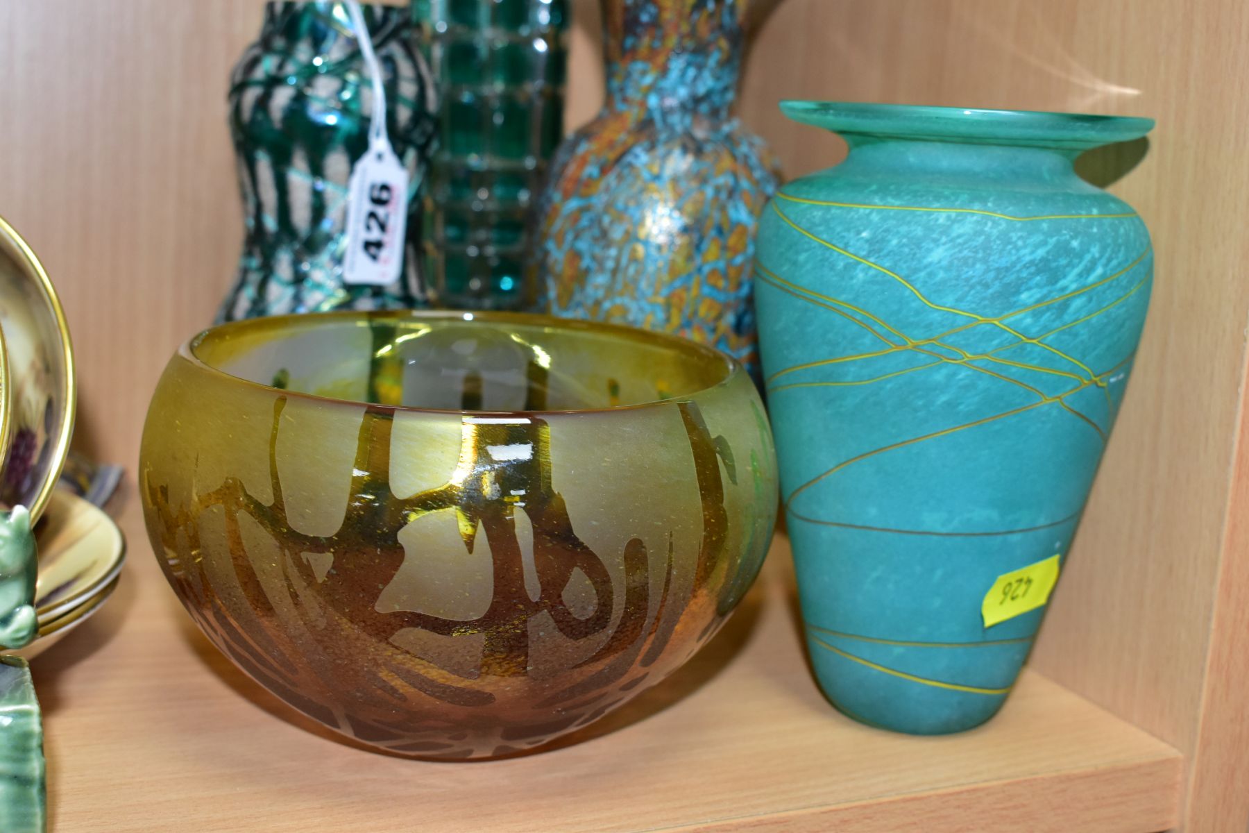 FIVE PIECES OF DECORATIVE ART GLASS, comprising a Kralik style double gourd vase, approximate height - Image 2 of 10