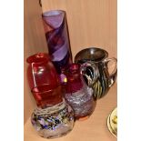 FIVE ART STUDIO GLASS VASES, comprising Royal Brierley range iridescent vase, height 15cm, a