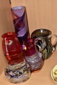 FIVE ART STUDIO GLASS VASES, comprising Royal Brierley range iridescent vase, height 15cm, a