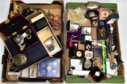 THREE BOXES OF COSTUME JEWELLERY, WRISTWATCHES AND COLLECTABLE ITEMS, to include a number of Elvis